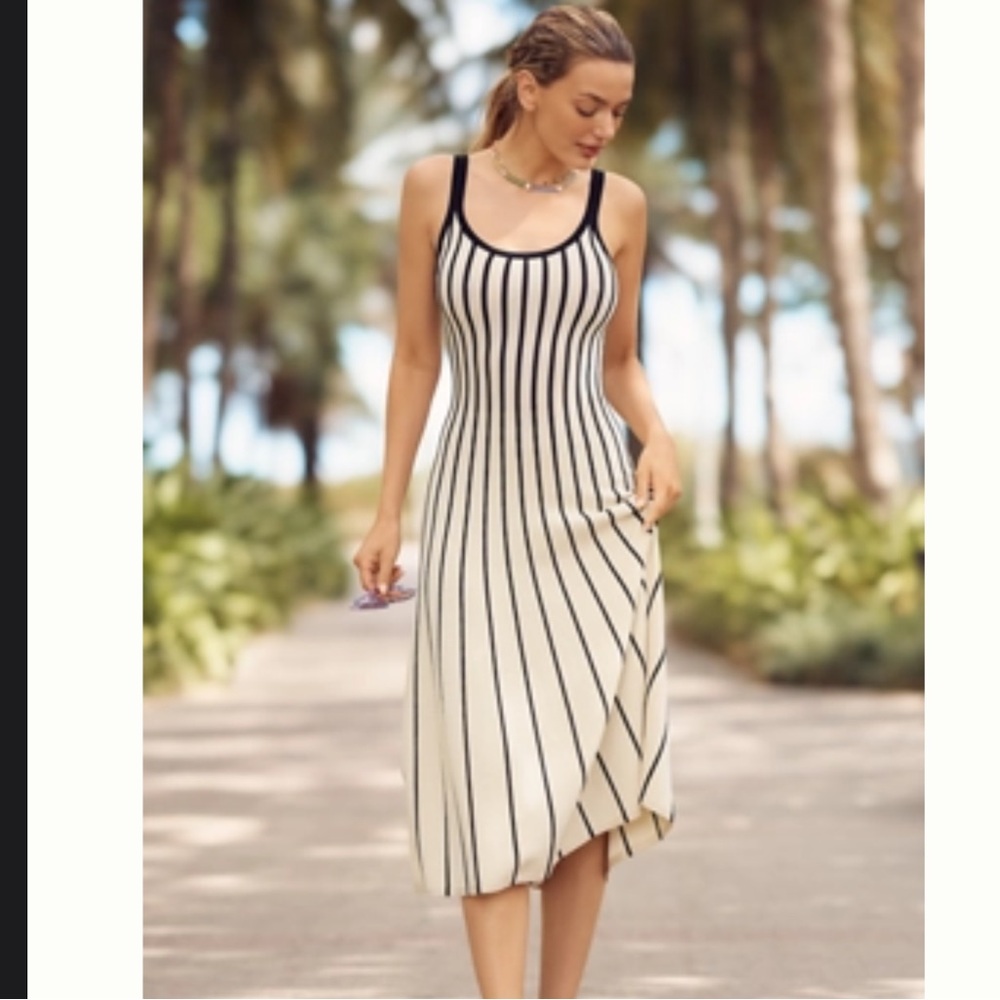 Astr Sleeveless Ivory Midi Dress with Black Stripes